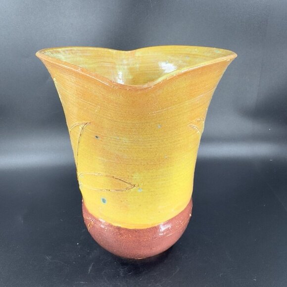 Vintage Oval Hand Made Studio Pottery Vase Etched RedWare Pottery Vessel Vase - Picture 9 of 16